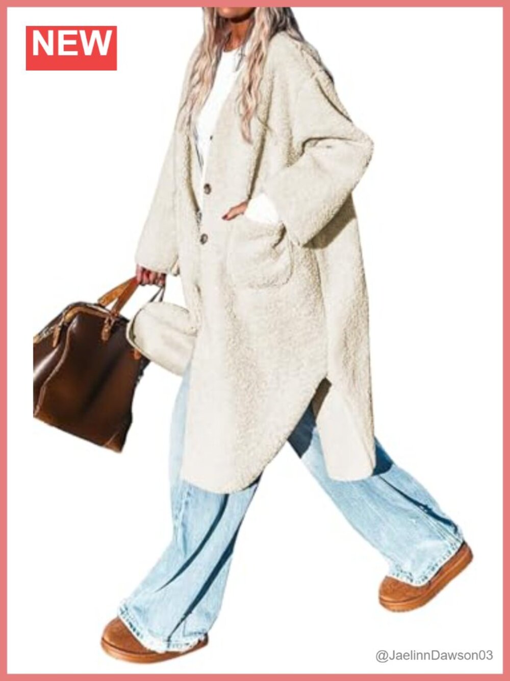 Faux Fur Knee-Length Winter Coat Collarless Button Front Loose Fit